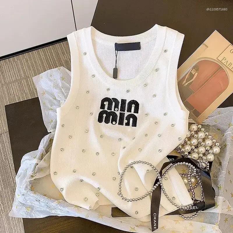 Women&#039;s Tanks Women Top Beaded Letters Embroidered Vest Sling Summer 2025 Slim Sleeveless T-shirt