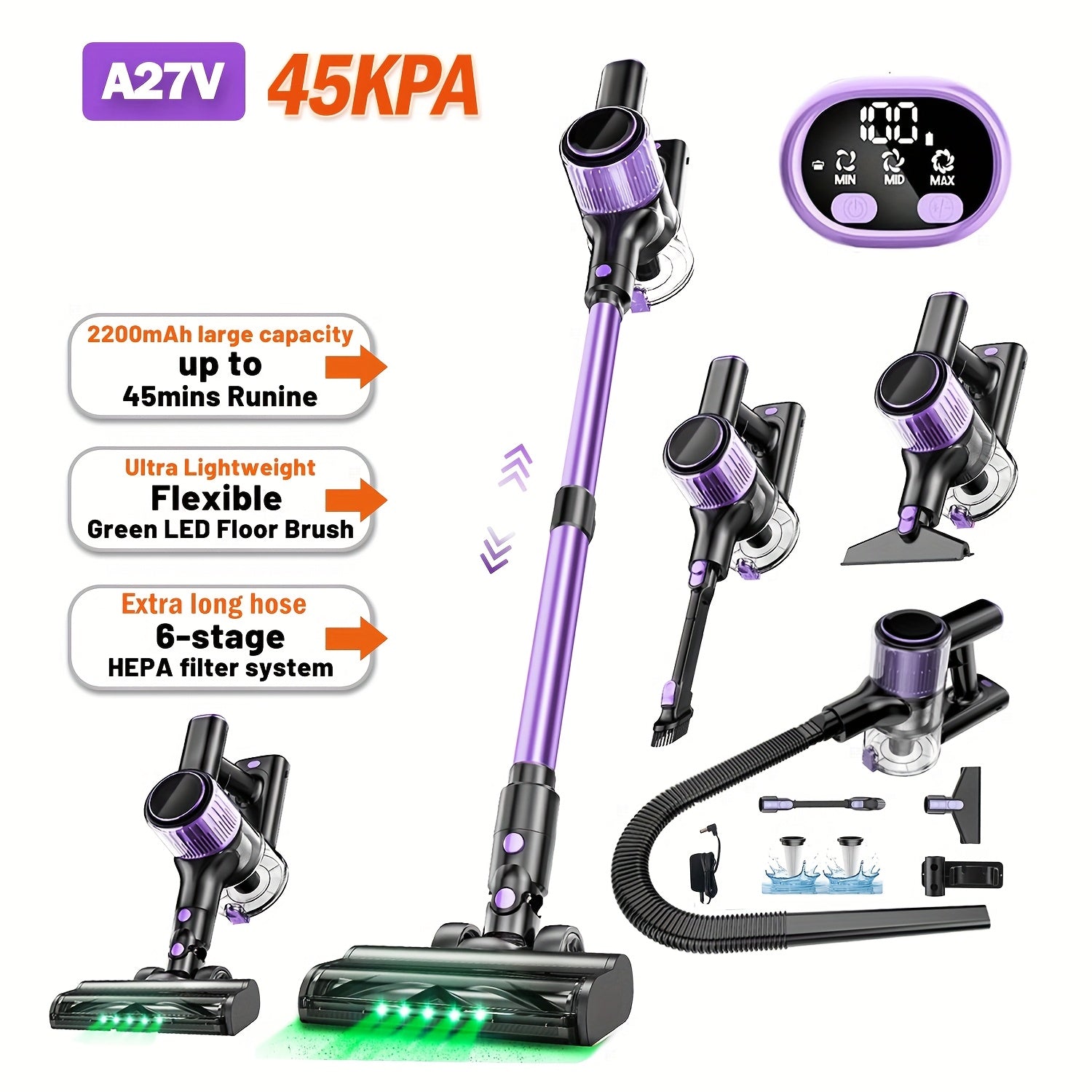 TEMU Cordless Vacuum Cleaner, 10 In 1 Powerful Stick Vacuum, With Anti- Brush And Upgraded Green Light, 45mins Rechargeable Lightweight Vacuums For