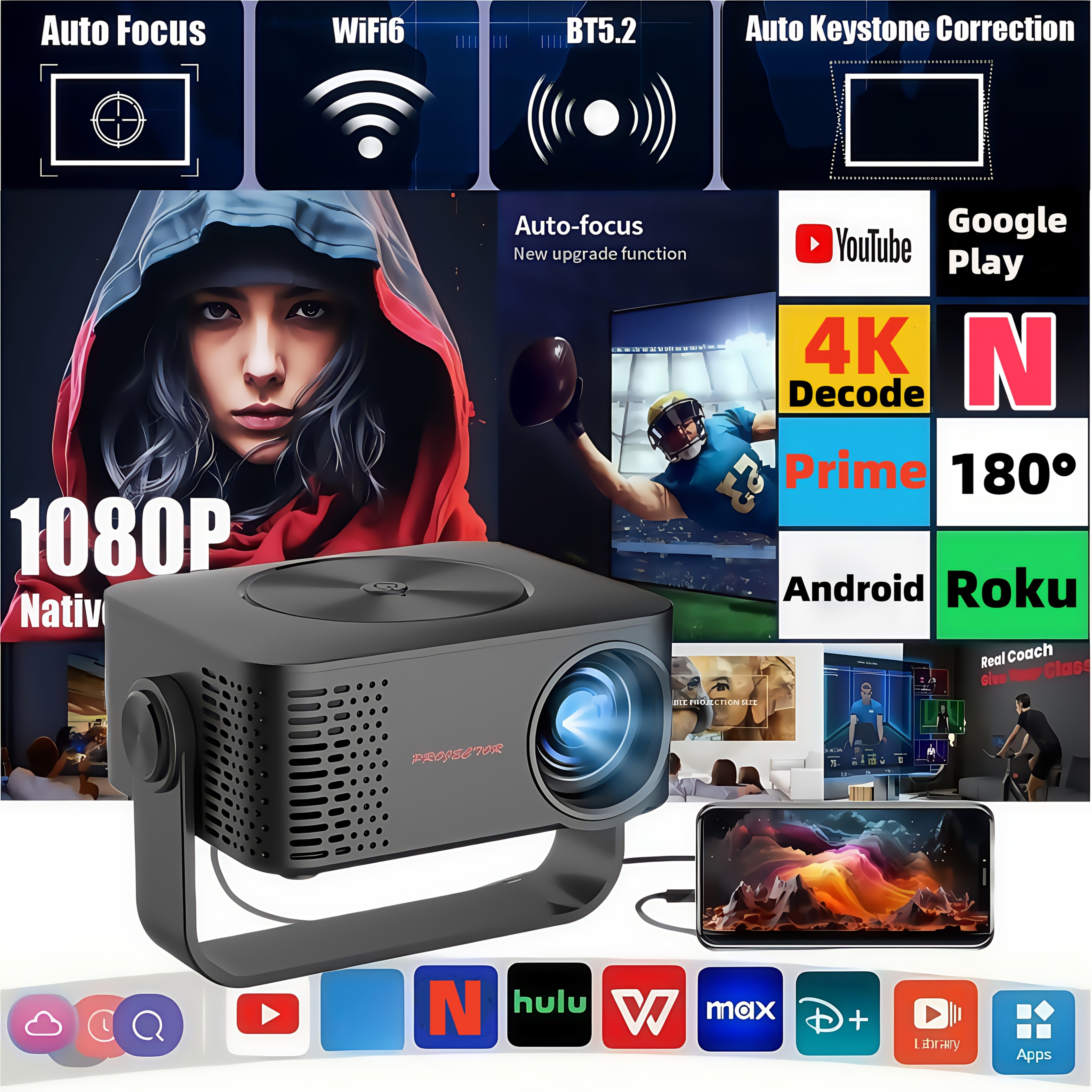 TEMU [automatic Trapezoidal Correction] Portable Mini Projector, Native 1080p Home Theater Projector, Support 4k Video Projector, Built-in 11 Smart