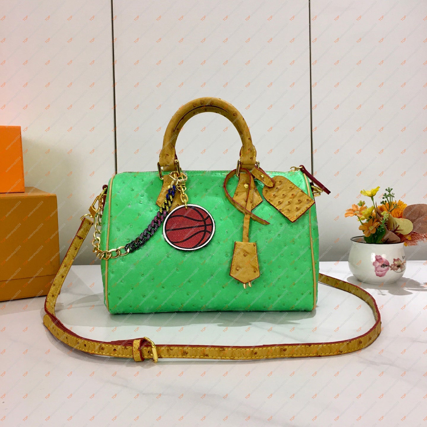 Designer Men&#039;s Bag Speedys 25 Man Boston Shoulder Bag Handbag Imitation Ostrich Pattern Leather Color Chain Male Basketball Tag Pillow Bag Cros