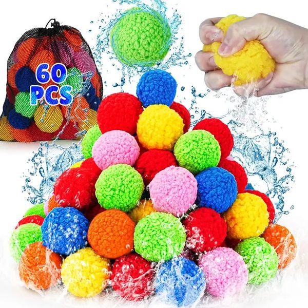60 Pcs Cotton Water Balls Reusable Water Balloons for Kids Outdoor Games Toy Summer Water Bombs Play Splash Balls for Pool Beach 241217