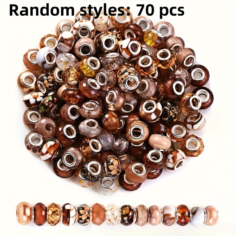 TEMU 70pcs Large Hole Spacer Bead Set, Wide Hole Beada, Coffee Series Spacers Featuring Marble Patterns, , And Floral Designs In Earthy Tones. Ideal