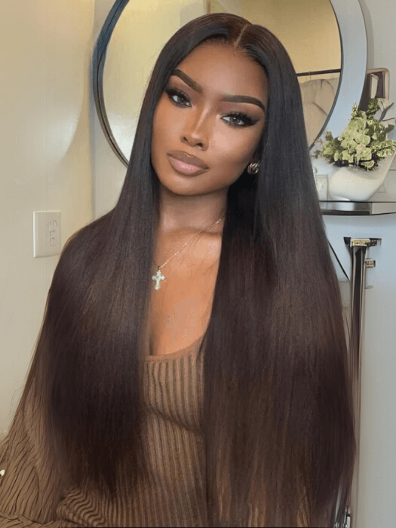 Glueless EasiContourâ¢ V Part Black to Chestnut Brown Ombre Yaki Wig With Invisi Drawstring