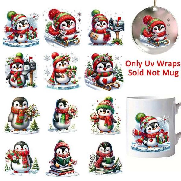 12pcs Christmas Winter Penguin UV DTF Cup Wrap Transfer Sticker Glass Coffee Mugs Decoration Winter Xmas Greeting Cards DecalXJ241114