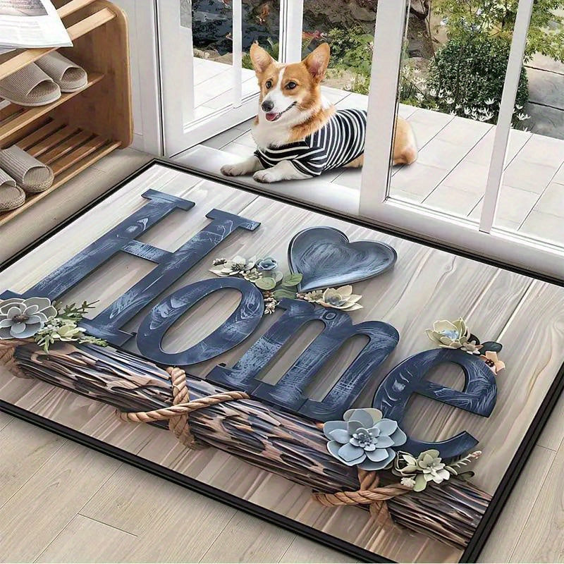 TEMU 1pc Door Mat, Non-slip Floor Mat Chic Blue Floral 'home' Welcome Mat - Non-slip, Washable Indoor- Outdoor Mat For Office, Bedroom, Bathroom,