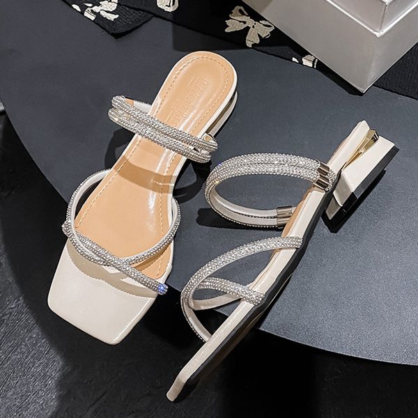 Narrow Cross Band women sandals crystal beading low summer shoes for woman metal heel gladiator sandalias mujer big size 43