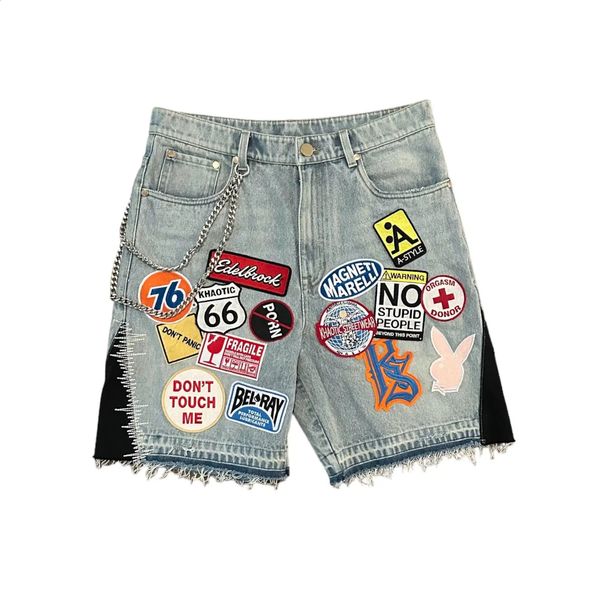 Streetwear Retro retalhos de retalhos jeans curtos Y2K Men Women Hip Hop Cartoon Graphics Retro azul solto de fitness shorts casuais 250114