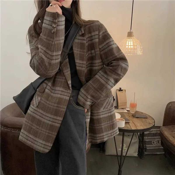 Retro Coffee Plaid Temperament Woolen Coat For WomenS Autumn And Winter Design Sense Cotton Clip Fit Suit JacketX241009