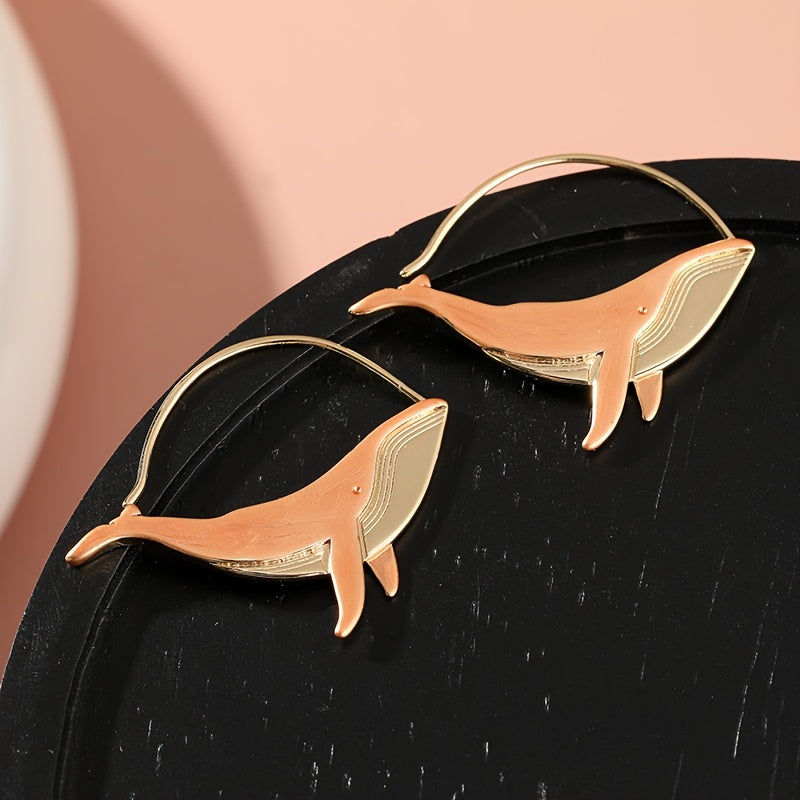 TEMU Fonect 's Vintage Boho Whale Earrings - Brass & Copper Dangle Earrings, Nickel-free Marine-themed, Golden- Bohemian Studs For Casual Attire,