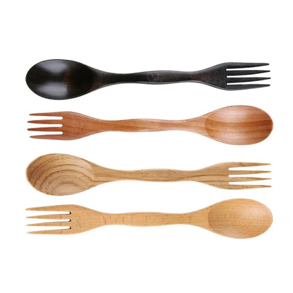 Wooden Spoon Fork Outdoor Portable Multifunctional Tableware Dessert Spoon Hand Carved Creative Kitchen Tools LL