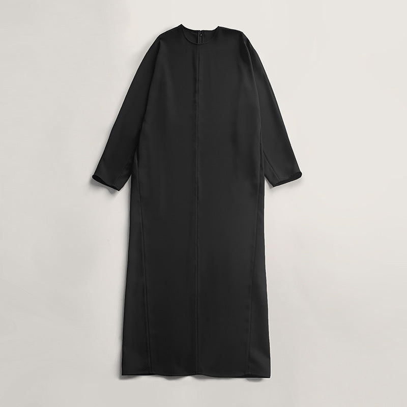 (202) Black vinegar blend loose long dress round neck bat sleeve double pocket long dress