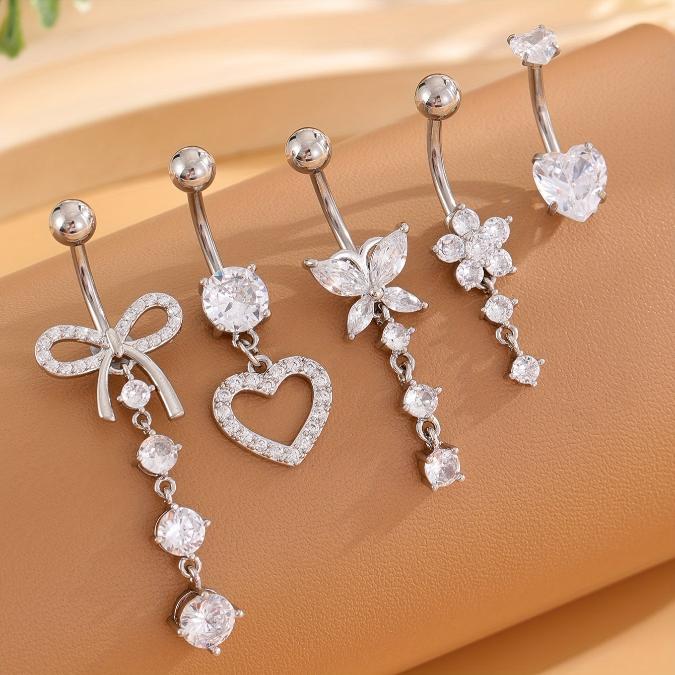 TEMU 5pcs Classic Bow Heart-shaped Synthetic Zirconia Belly Ring Set For Women, Stainless Steel Piercing Jewelry For Casual Attire