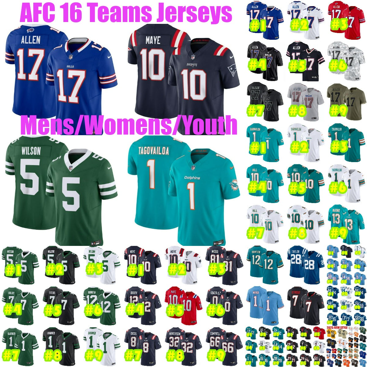 16AFCteams Josh Allen Football Jersey Tua Tagovailoa Drake Maye Garrett Wilson Ahmad Sauce Gardner Keon Coleman Tyreek Hill Jaylen Waddle Travis Hun