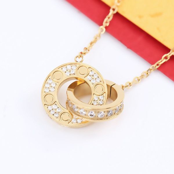 Luxury Fashion Necklace Designer Jewelry Party Double Rings Diamond Pendant Rose Gold Necklaces for Women Fancy Dress Long Chain Jewellery G