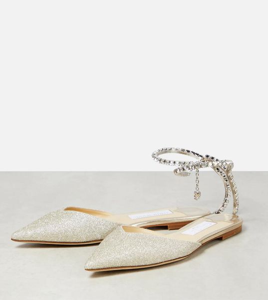 Fashion Summer Saeda Sandals Shoes Women Flat Crystal Chain Straps Glitter Pointed Toe Nice Lady Walking Luxury Footwear EU35-43