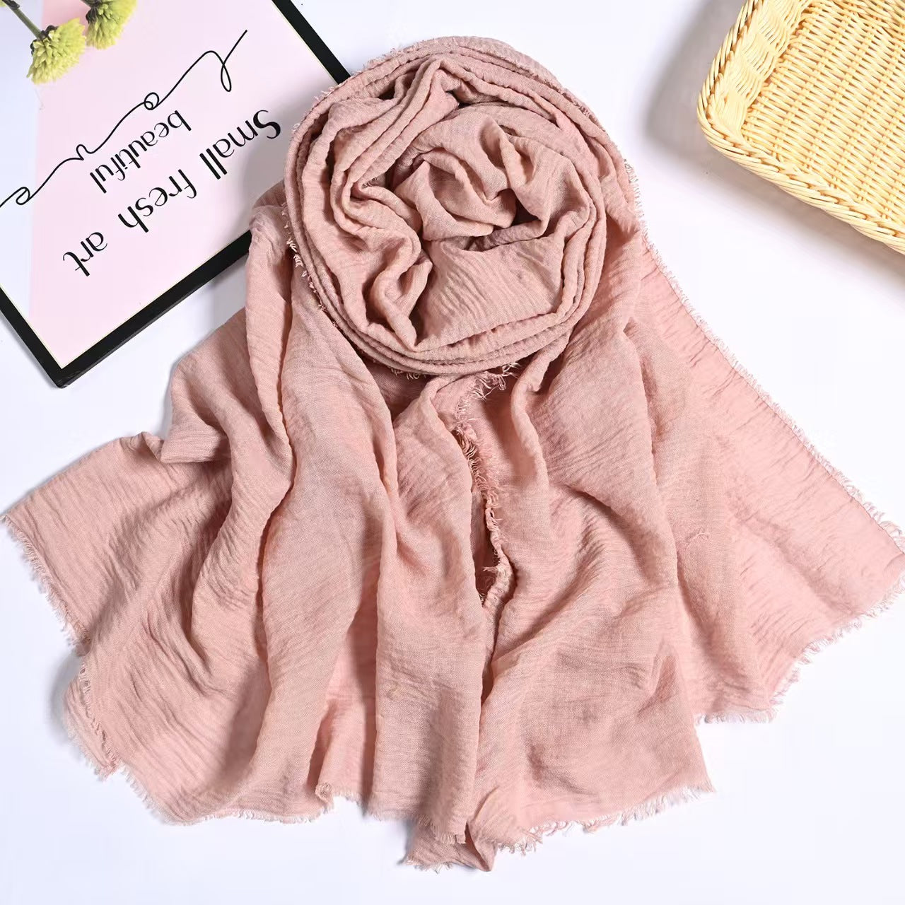 T727 European and American encrypted high quality bubble wrinkle monochrome cotton and linen scarf solid color hair beard head scarf wrinkle pleated
