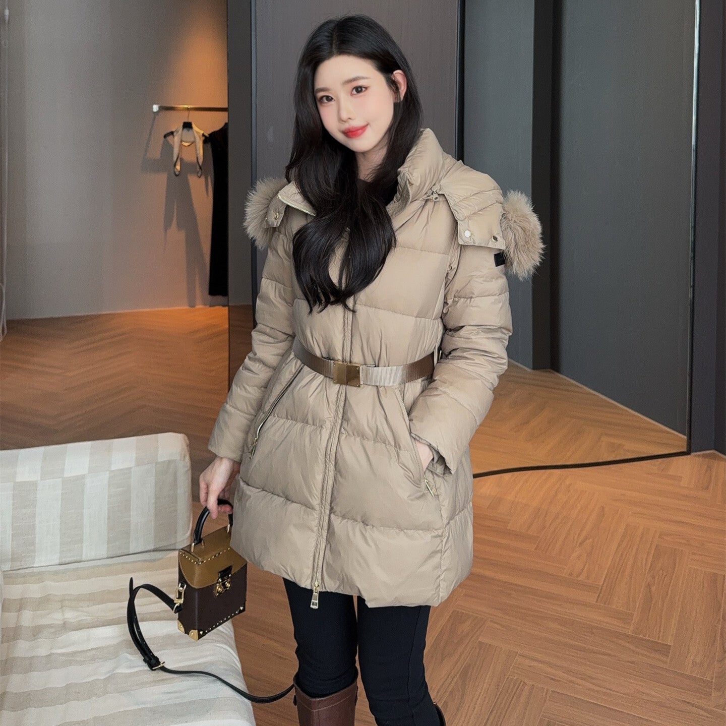 Womens Luxury Mid Long Down Jacket Lightweight Warm Slim Fit Fashion Premium Outerwear Natural White Goose Down Filling High Quality Stylish Winter