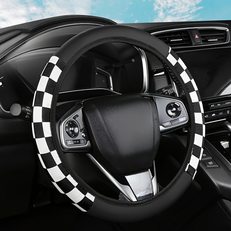 TEMU Universal -inch Checkered Steering Wheel Cover, Stretchy Spandex, No , Compatible With Models - Multicolor Checkerboard Design