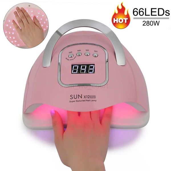 280W Pink SUN X12 MAX UV LED Nail Lamp for Manicure 66LEDsGel Polish Drying Machine with Large LCD Screeen Smart Nail Dryer LampM240729