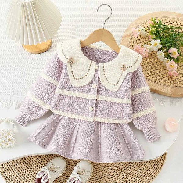 Clothing Sets Girls Knitted Clothing Set Spring and Autumn Childrens Wool Jersey Sweater Coats Short Skirt Party Dress Baby Clothing Childre