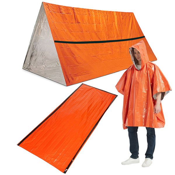 Raincoats Outdoor Emergency Survival Gear Waterproof Heat Reflective Thermal Poncho Raincoat w Sleeping Bag and Tent Shelter for Camping 230