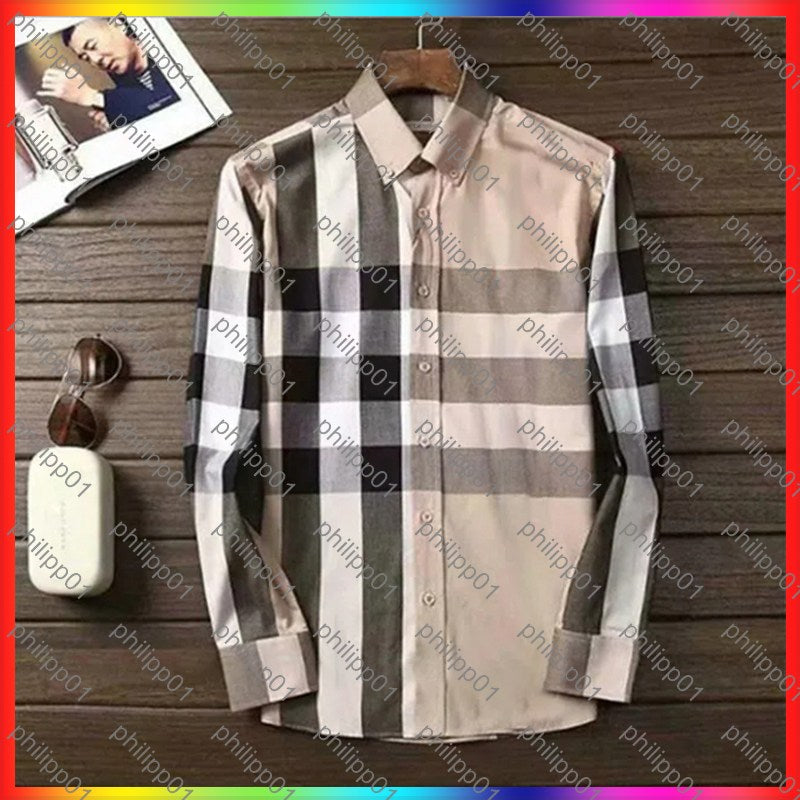 5A Men&#039;s Dress Shirt Slim Fitted Spread Collar Plaid Stripe Long Sleeve shirts Pure Cotton Designer Brand Spring Summer Business Office Casual