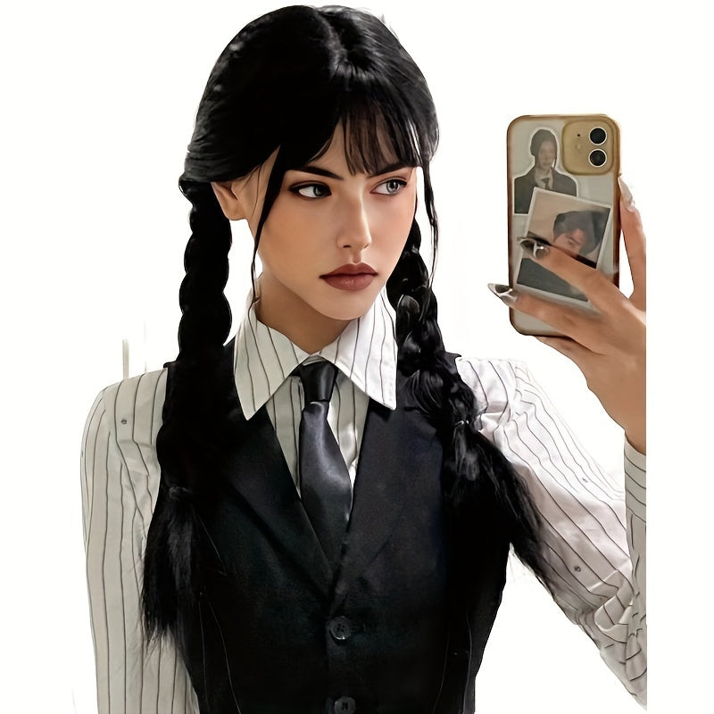 TEMU Black Braid Wig Lady, Bangs, Black Long Straight Braided Hair, Internet Celebrity Boxing Braid, Natural Simulated Hair, Synthetic Resistant,