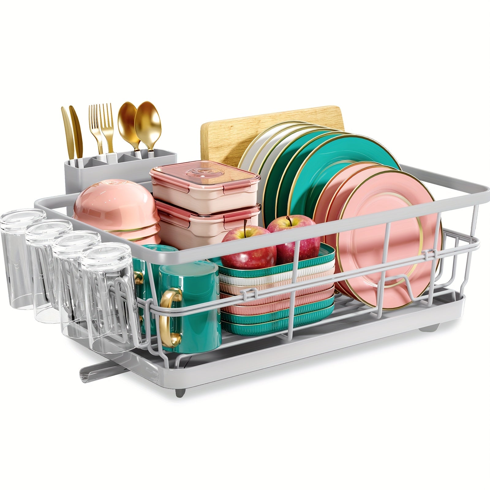 TEMU Kingrack Large Metal Dish Drying Rack For Kitchen Counter & Sink - Space-saving Dish Drainer With Drain Board, Cup Holder, Cutlery Organizer,