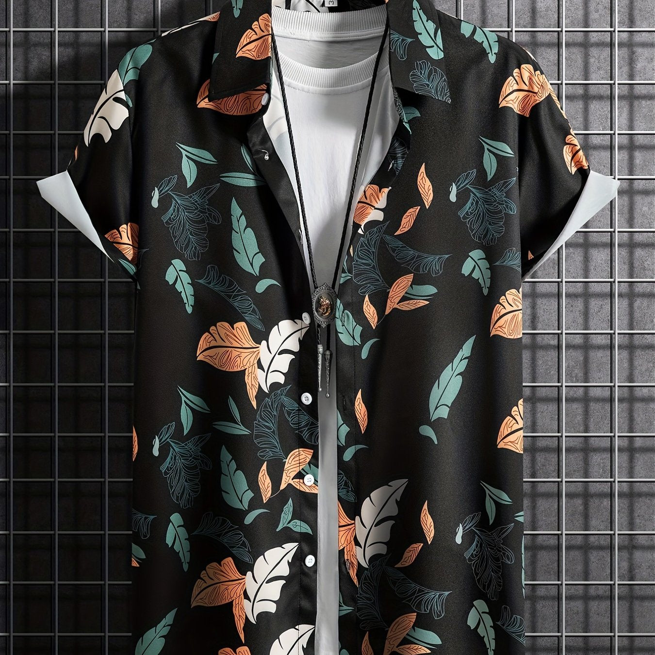 TEMU Leaf Pattern Casual Short Sleeve Shirt, Men's Hawaiian Shirt For Resort