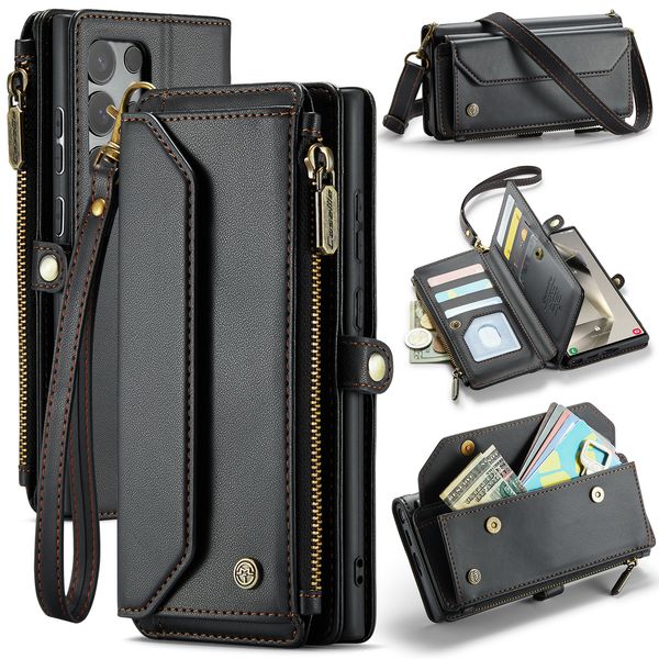 CaseMe Crossbody Shockproof Leather Card Holder Wallet Case for Samsung Galaxy S24 Ultra S23 S22 S21, Zipper Handbag Purse Cover