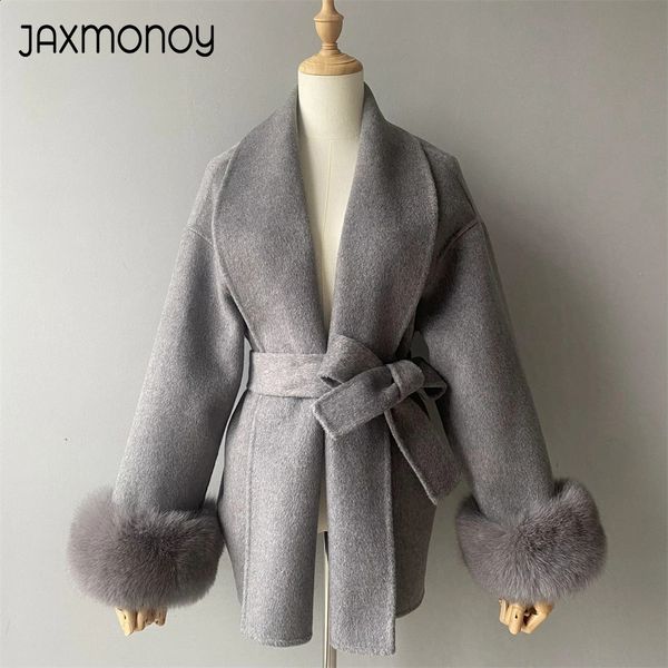 Jaxmonoy Womens Wool Coat with Real Fur Collar and Cuffs Autumn Winter Arrival Ladies Jacket 2024 In Outerwear 241212
