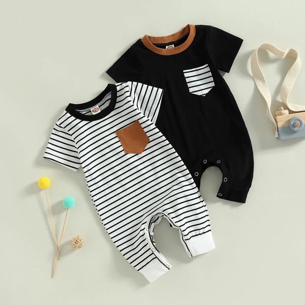 February 22 Lioraitin 0-18M born baby boy summer jumpsuit round neck contrasting color short sleeved striped jumpsuit 250210