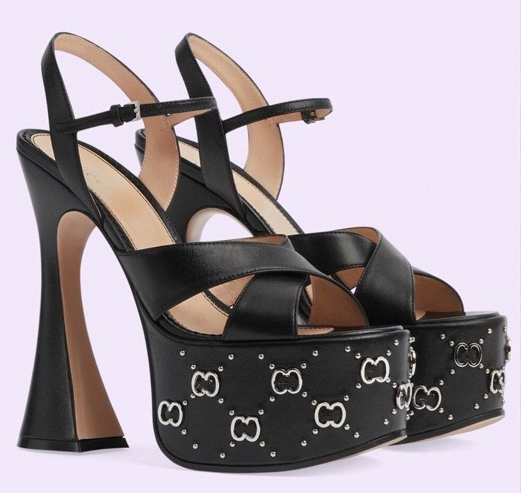 Metal water platform embellishes ankle strap sandals high-heeled stiletto women&#039;s shoes party evening shoes open-toed calfskin mirror luxury de