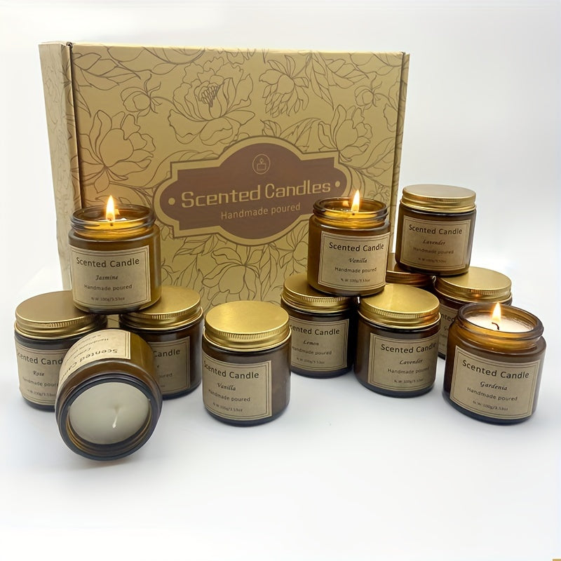 TEMU 12-pack Scented Candles Gift Set - 30-hour Smokeless Soy Wax Candles In Brown Glass Jars (100g-3.53oz) | Decor & Gift For Christmas, Weddings,