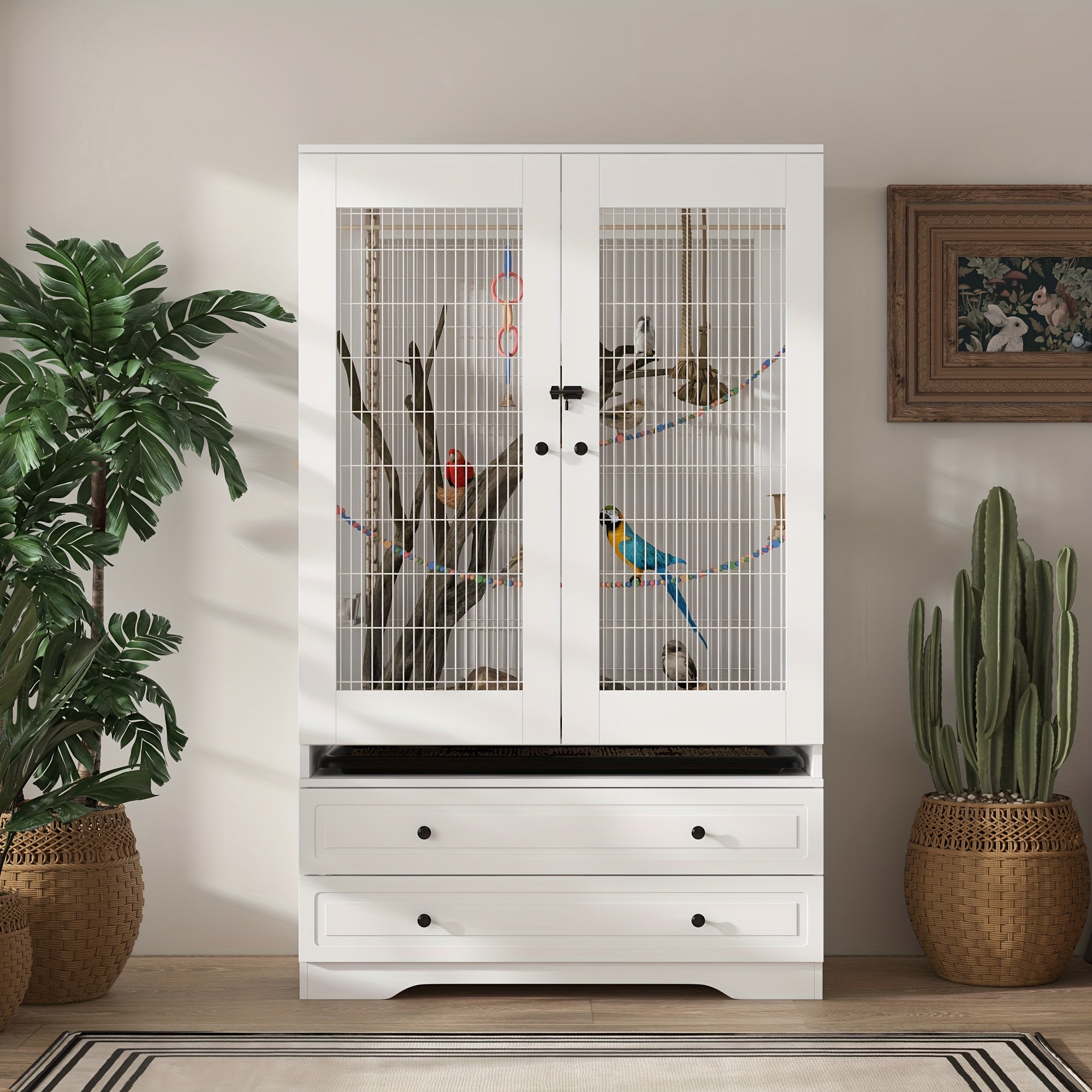 TEMU Elegant Cage With Dual Drawer Storage & Bottom Tray, Birdcage With Storage Drawers, Ventilation, Multifunctional , , Durable Construction, Easy