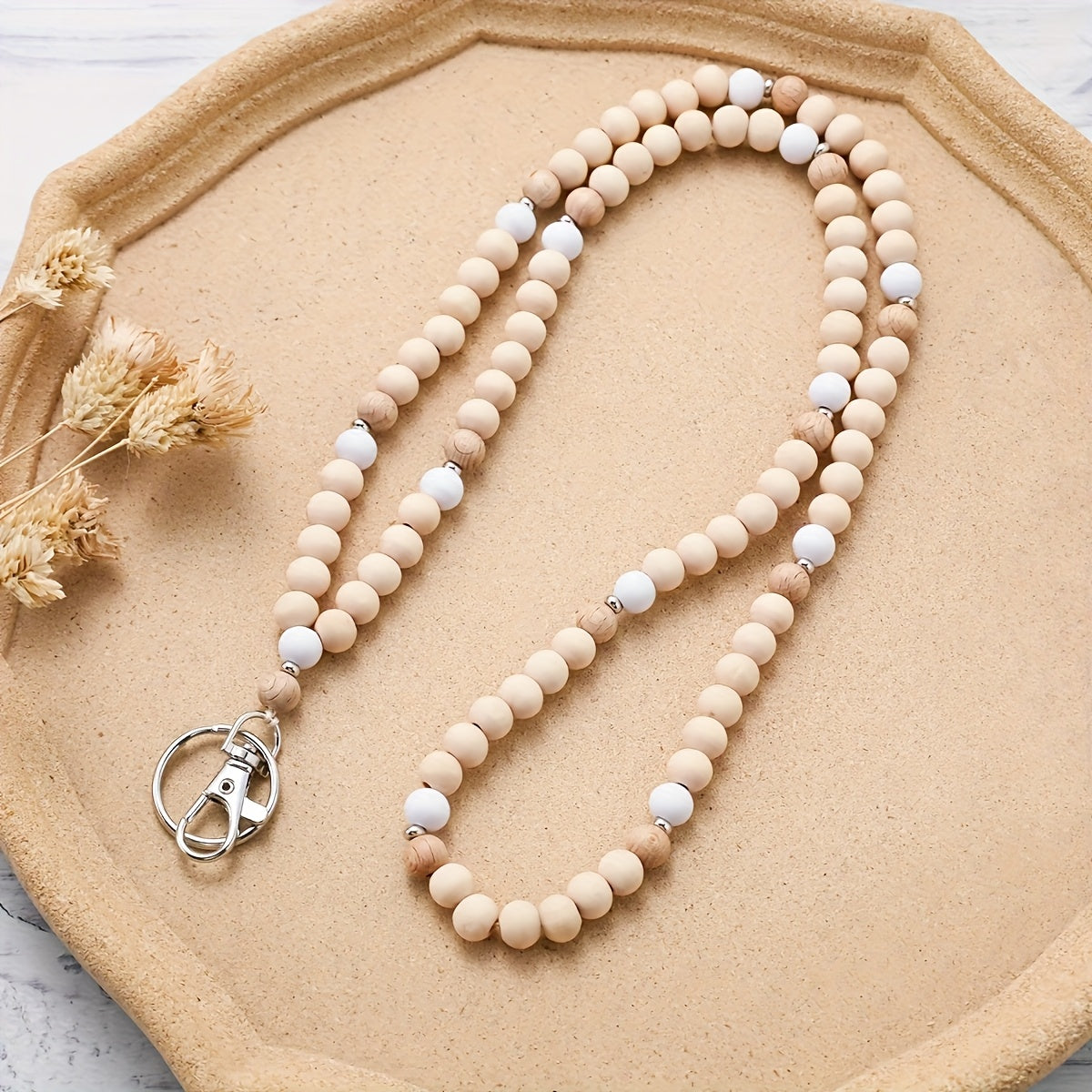 TEMU 1pc Wooden Bead Keychain Necklace - Multifunctional Mobile Phone Lanyard, Id Badge, And Key Pendant, Natural Wood Beads With Metallic Clasp,