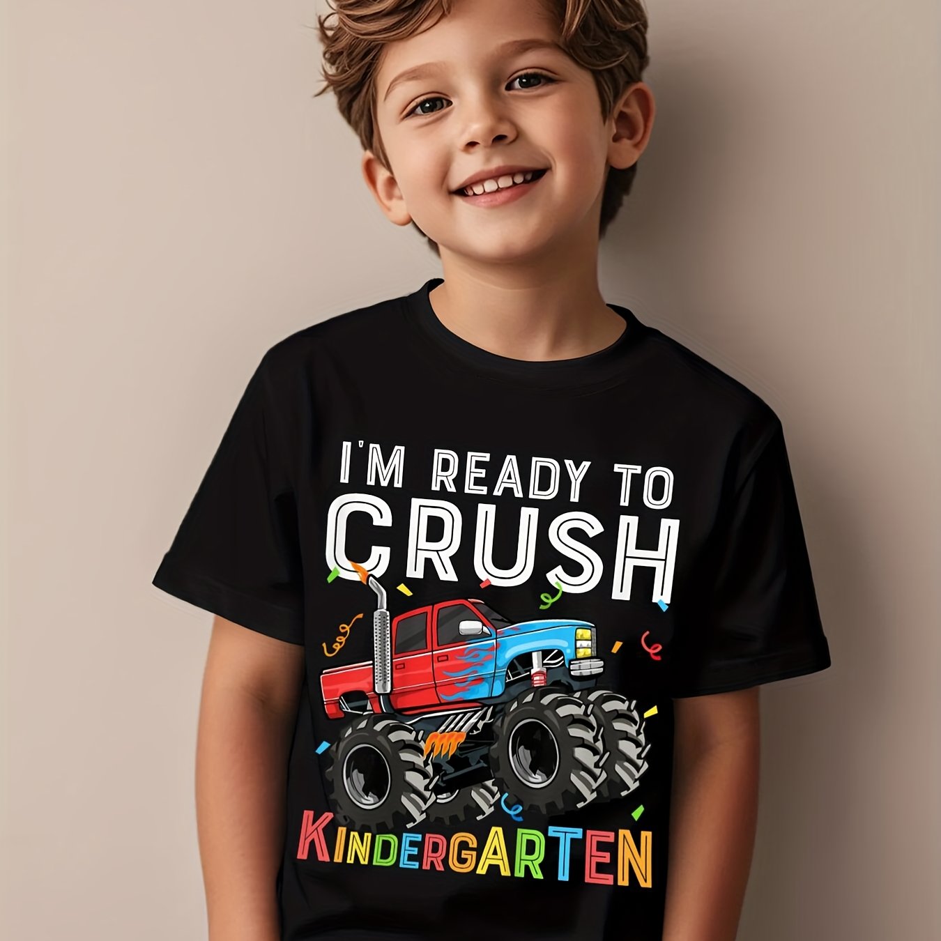 TEMU Boys' " To Crush Kindergarten" Monster Truck Graphic T-shirt - Black Short Sleeve Casual Tee With , Fabric, Machine Washable For ' First Day Of