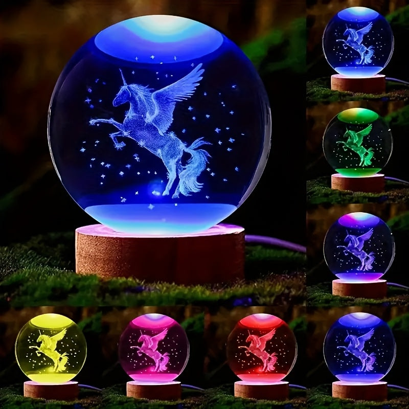 TEMU 1pc Magical 3d Unicorn Crystal Ball Night Light With Auto-color Changing -like Glow, Glass Sphere Lamp With - - Tabletop Lamp For Bedside,, -