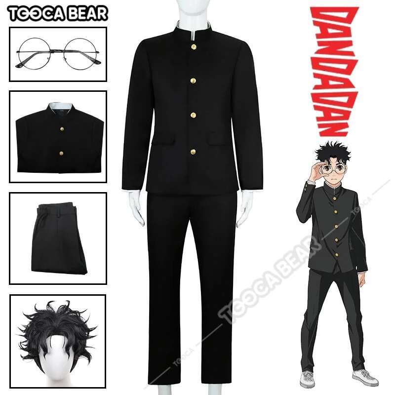 Ken Takakura Cosplay Costume Wig Anime Dandadan Okarun School Uniform Black Jacket Pants Gakuran Glasses Halloween Party Men cosplay