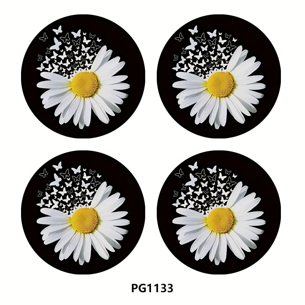 TEMU 4pcs Daisy Flower Car Coaster, 2.75in Round Pu Leather Trim Car Coaster, , Beverage Mat For Car Interior Accessories, Decorative Coaster