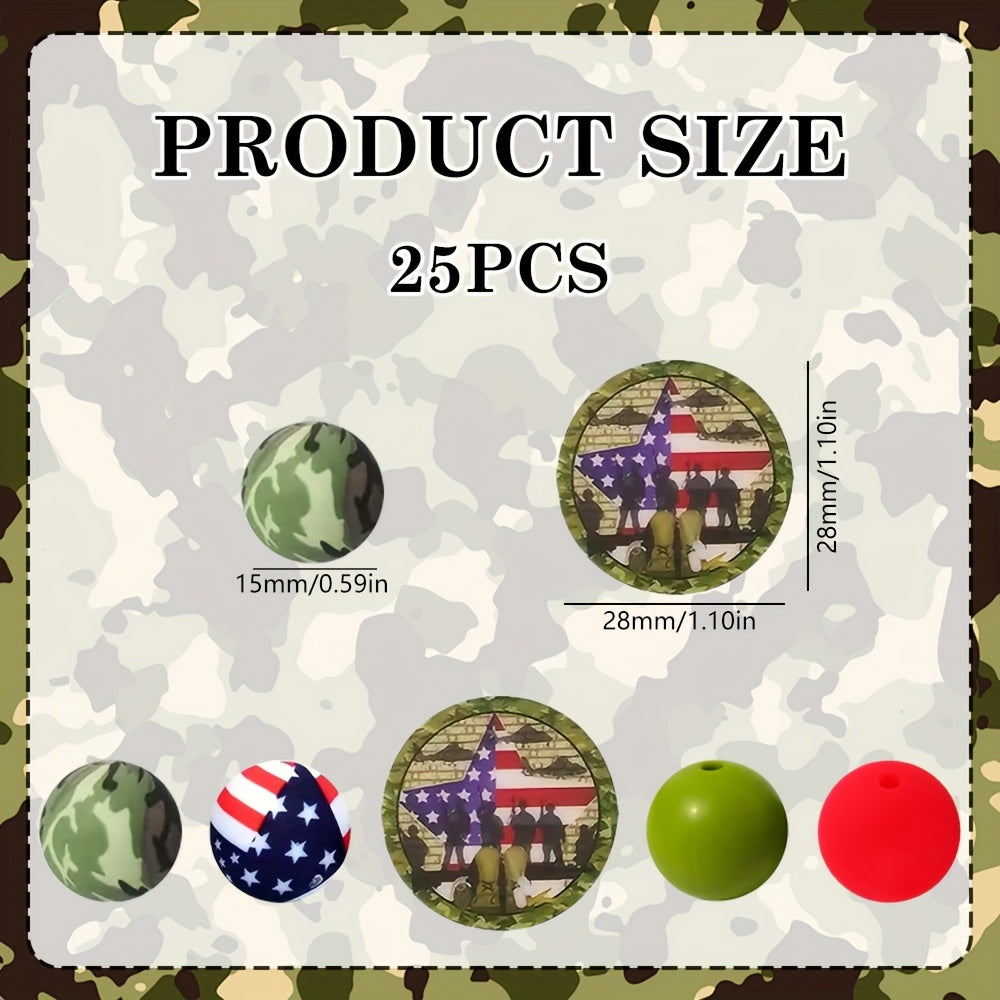 TEMU 25pcs Patriotic Themed Silicone Beads, 15mm Green Printed Circular Silicone Beads, Suitable For Making, Bracelets, Keychains, Phone Chains,