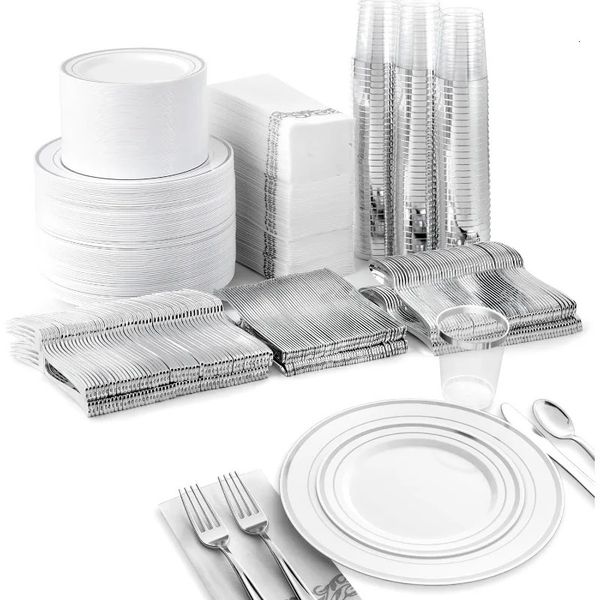 700 piece cutlery set 200 plastic plates 100 silverware cups napkins disposable for guests 241014