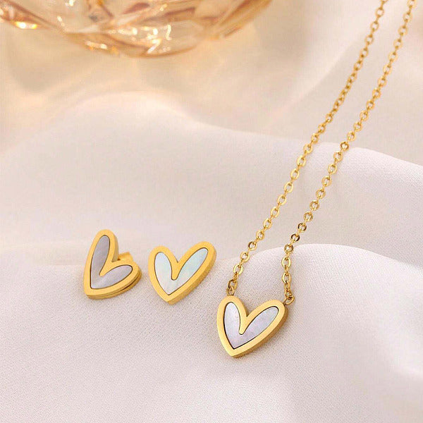Conjuntos de collares y pendientes con colgante de corazón de acero inoxidable y concha natural