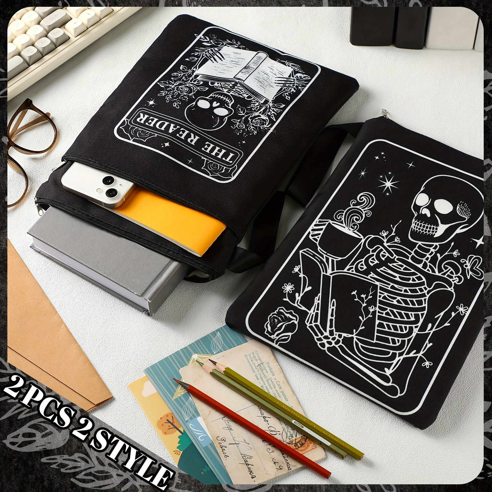 TEMU 2pcs Gothic Skeleton Book Sleeve Dark Merch Black Waterproof Book Covers With Zipper Pouch Front Pocket Washable Gifts For Christmas Books Lover