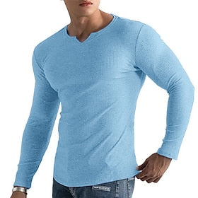 Men's T shirt Tee Ribbed Knit tee Tee Top Long Sleeve Shirt Plain Pit Strip V Neck Street Vacation Long Sleeve Knitting Clothing Apparel Fashion Designer Basic