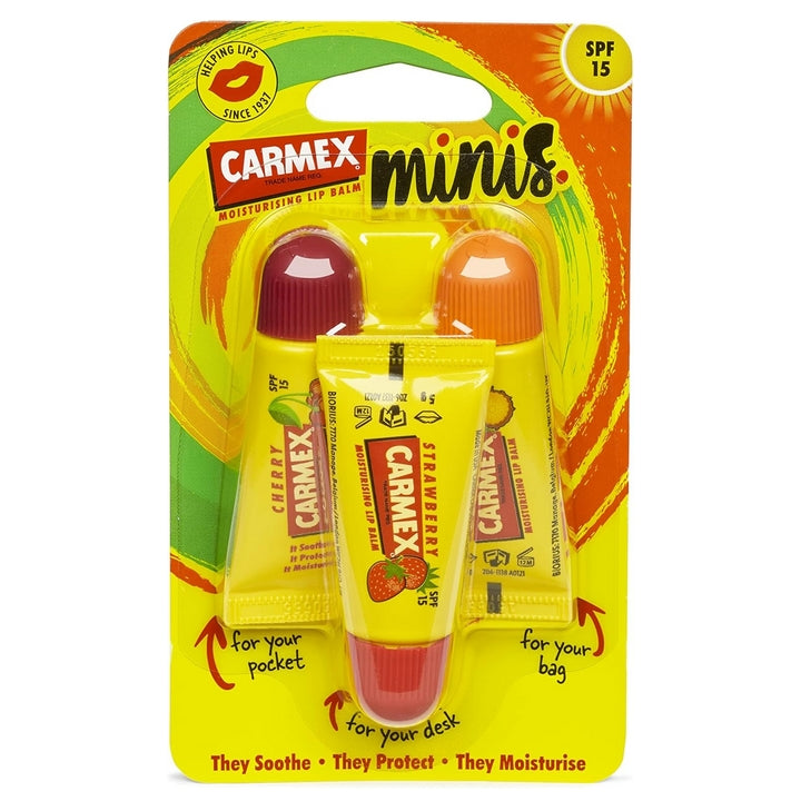 Carmex Minis – Feuchtigkeitsspendendes Lippenbalsam-Trio SPF15 (Kirsche, Erdbeere und Ananas-Minze), 3 x 5 g