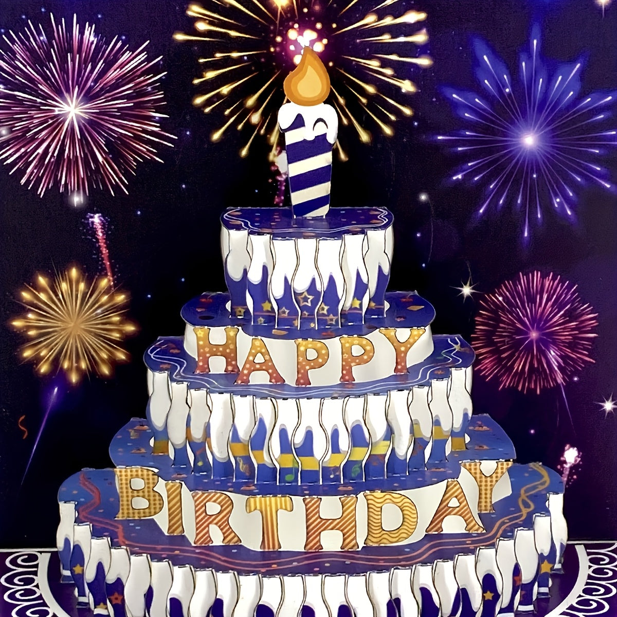 TEMU 3d Pop-up Happy Birthday Card – With Cake, Candles & Fireworks Design In Blue Color For Him-her | Suitable All Ages And Special Occasions