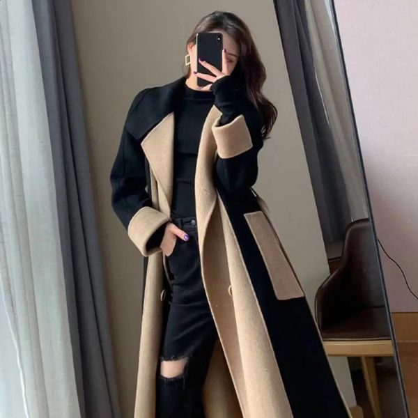 Elegant Double-breasted Women Overcoat Turn-down Collar Keep Warm Pockets Oversized Thermal Cardigan Wool Blends Womens Outwear 240715