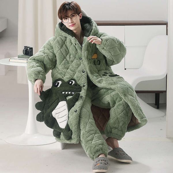 Men&#039;s winter sleepwear with thickened fleece three-layer cotton insulation, long length sleeping robe made of coral fleece, suitable fo