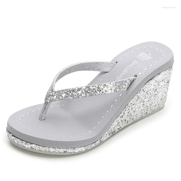 Slippers Ladies Rhinestone High Heels Sequin Flip-Flops Outside Wear Platform Thick Bottom Beach Women Wedges Sandals 35-41